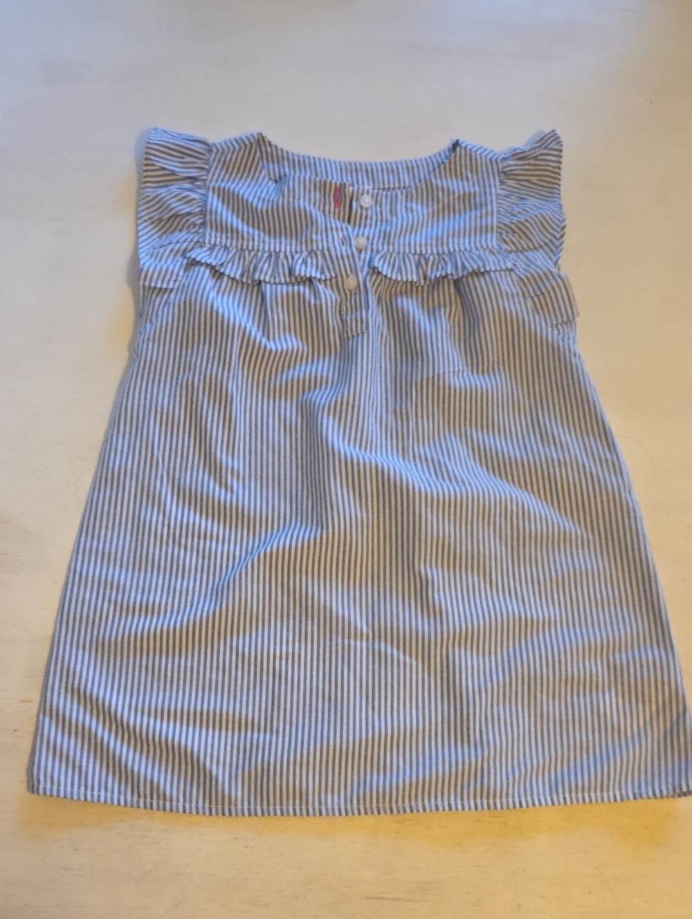 Crewcuts Blue and White Striped Ruffle Neck Top